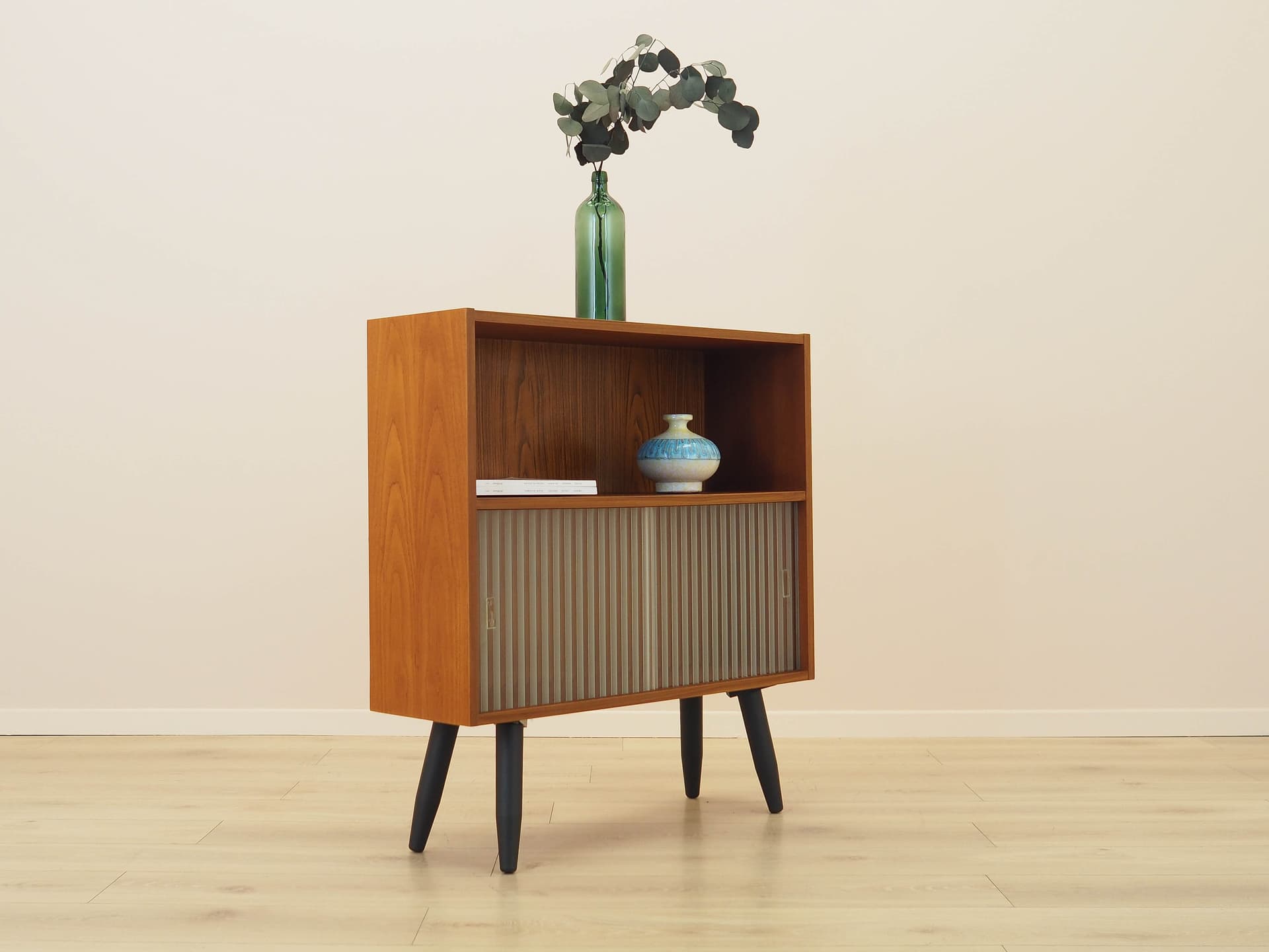 Bookcase, brown teak, black wood, transparent glass, Denmark, 1970s. - 309156
