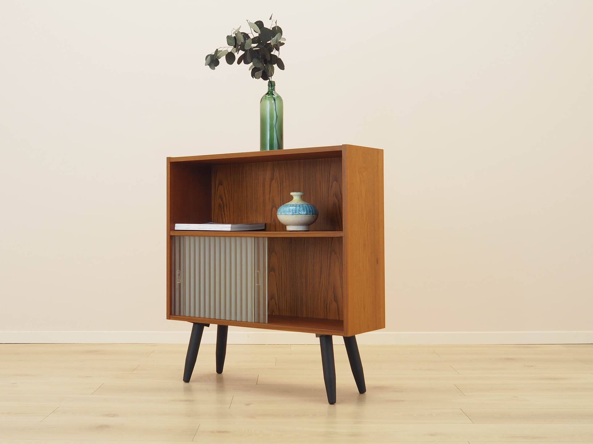 Bookcase, brown teak, black wood, transparent glass, Denmark, 1970s. - 309155