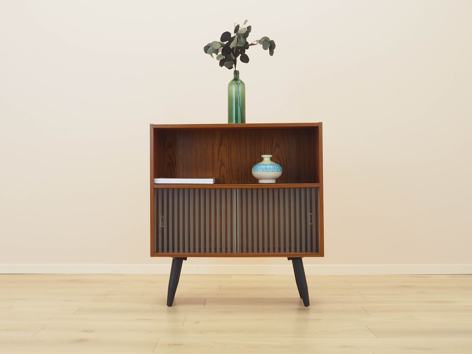 Bookcase, brown teak, black wood, transparent glass, Denmark, 1970s. - 309152
