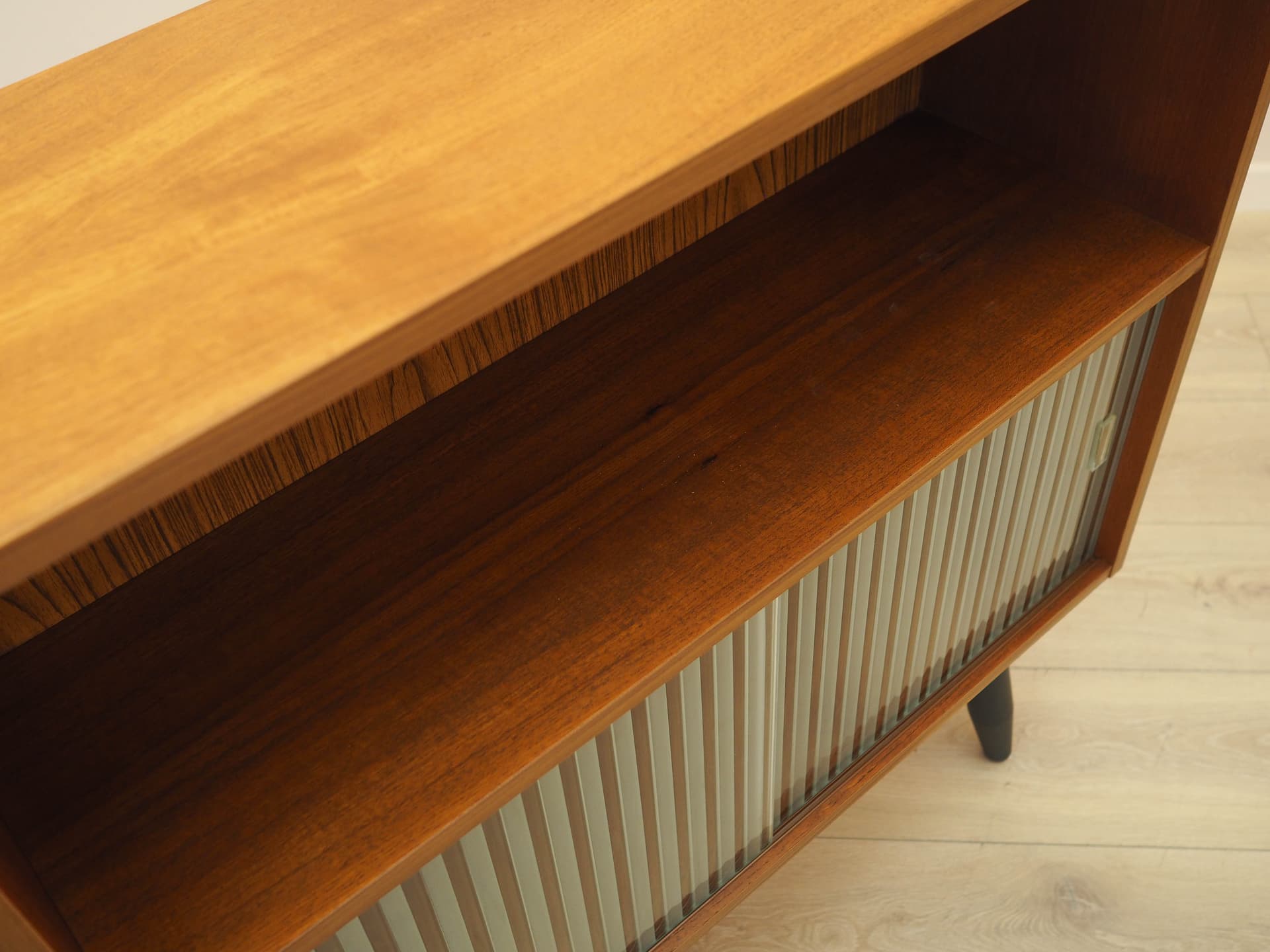 Bookcase, brown teak, black wood, transparent glass, Denmark, 1970s. - 309158