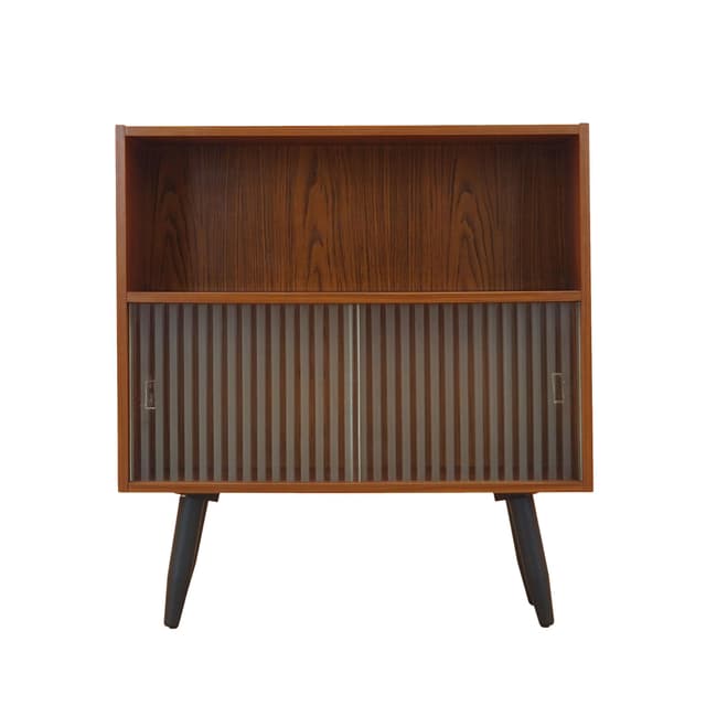 Bookcase, brown teak, black wood, transparent glass, Denmark, 1970s. - DIMENSION