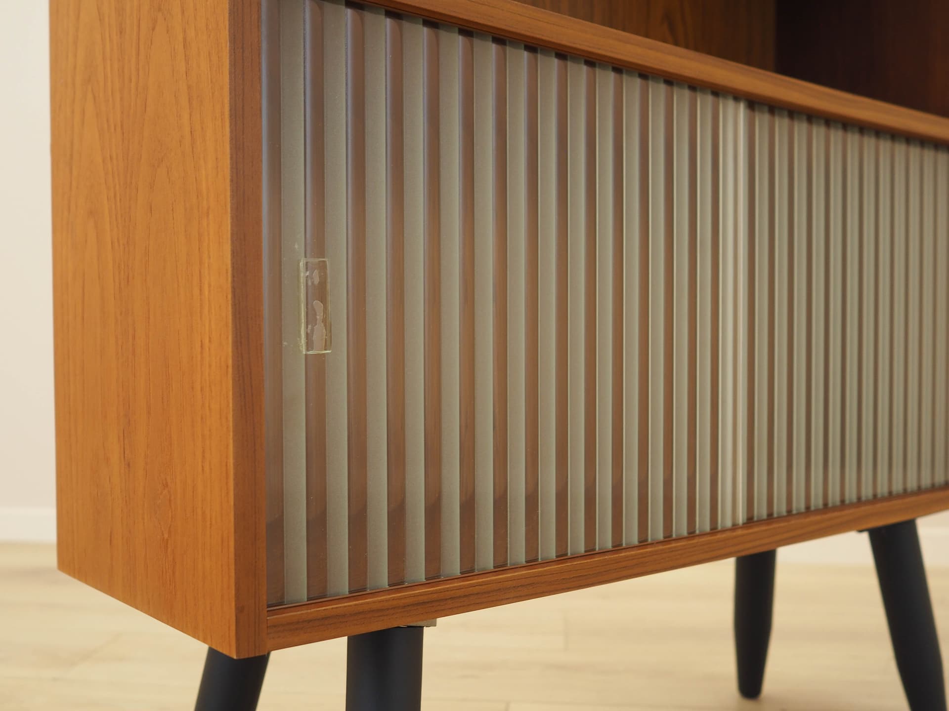 Bookcase, brown teak, black wood, transparent glass, Denmark, 1970s. - 309159