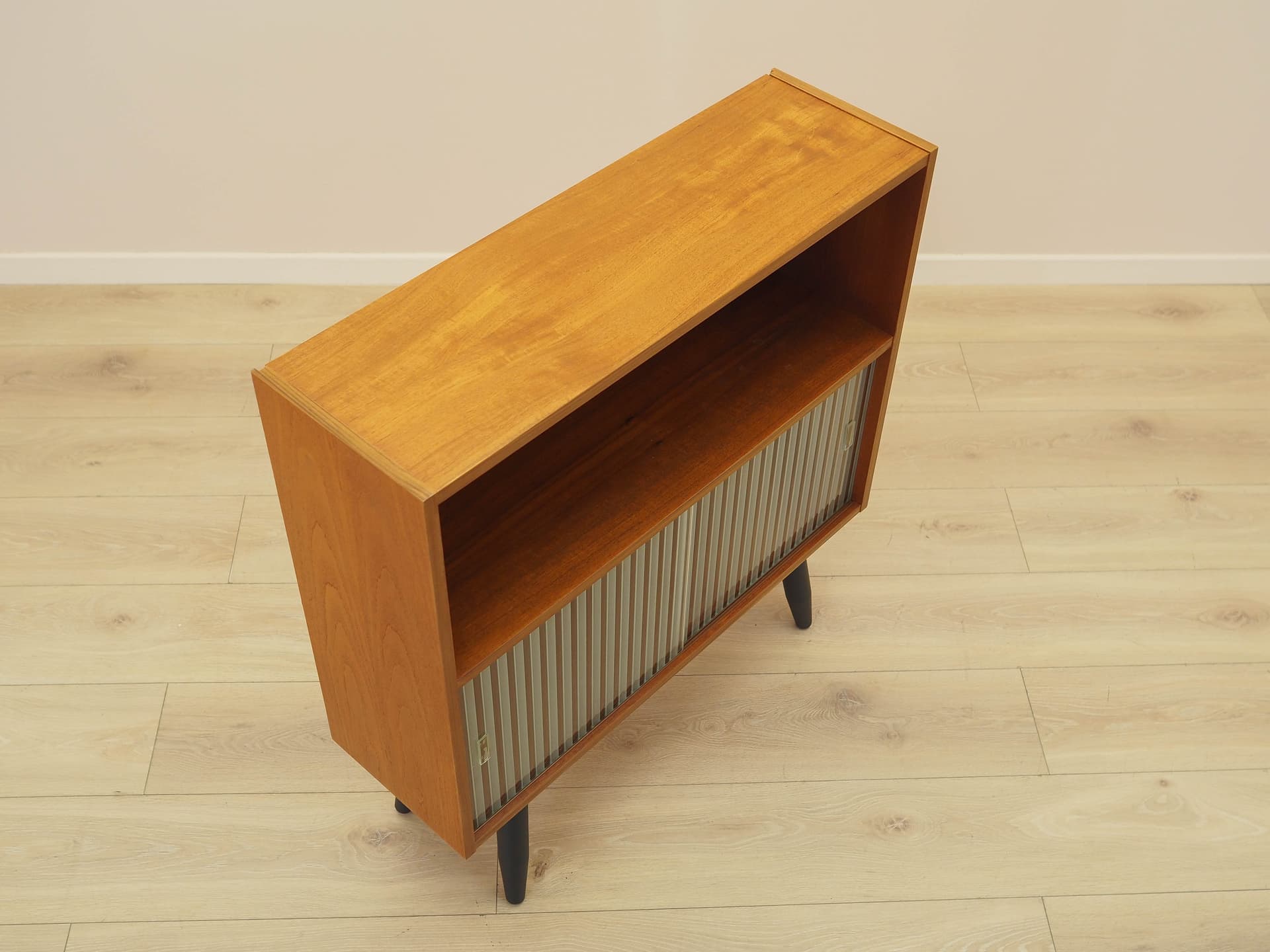 Bookcase, brown teak, black wood, transparent glass, Denmark, 1970s. - 309157