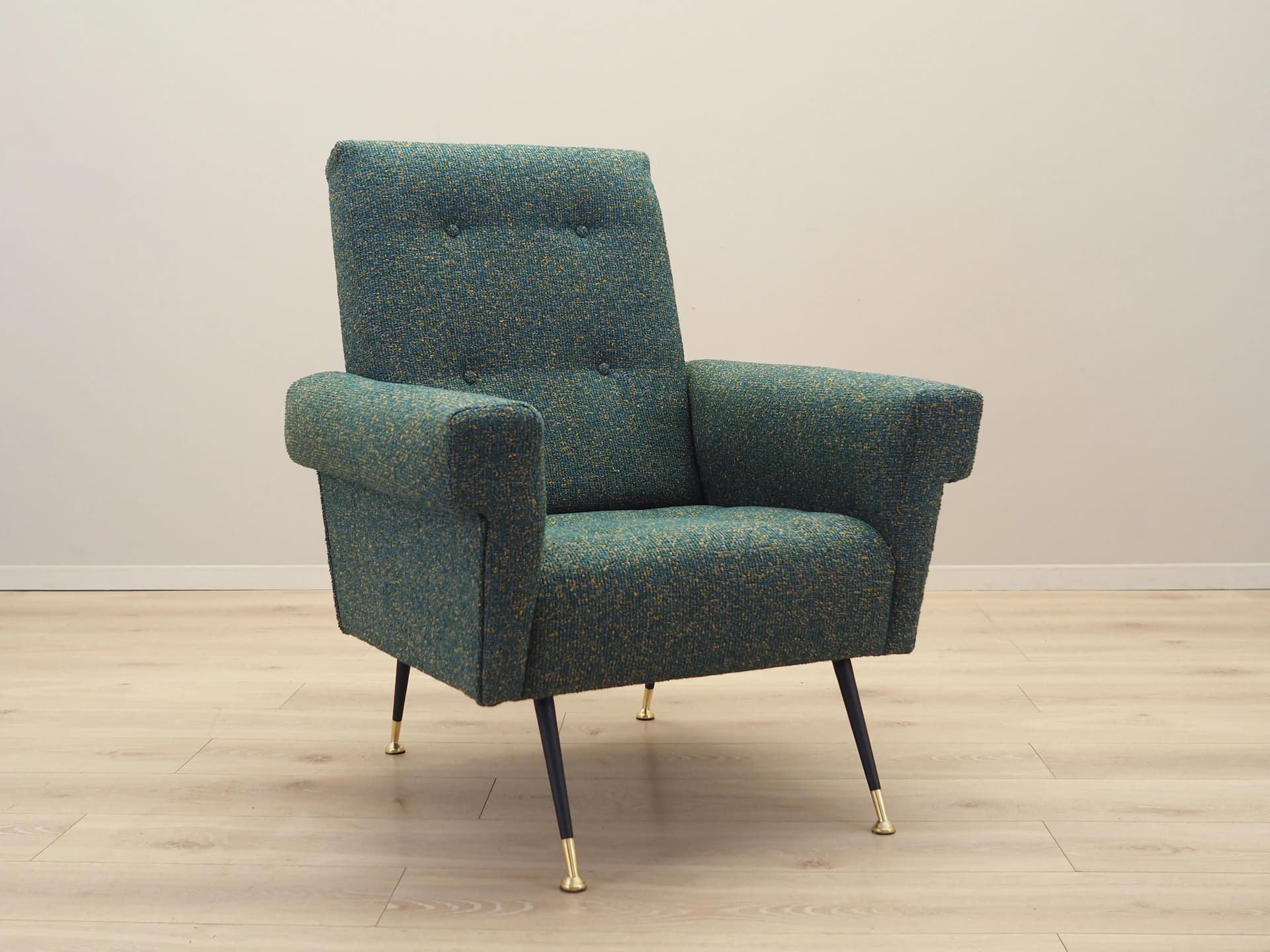 Lounge armchair, green melange, fabric, black metal, Italy, 1970s. - 23020