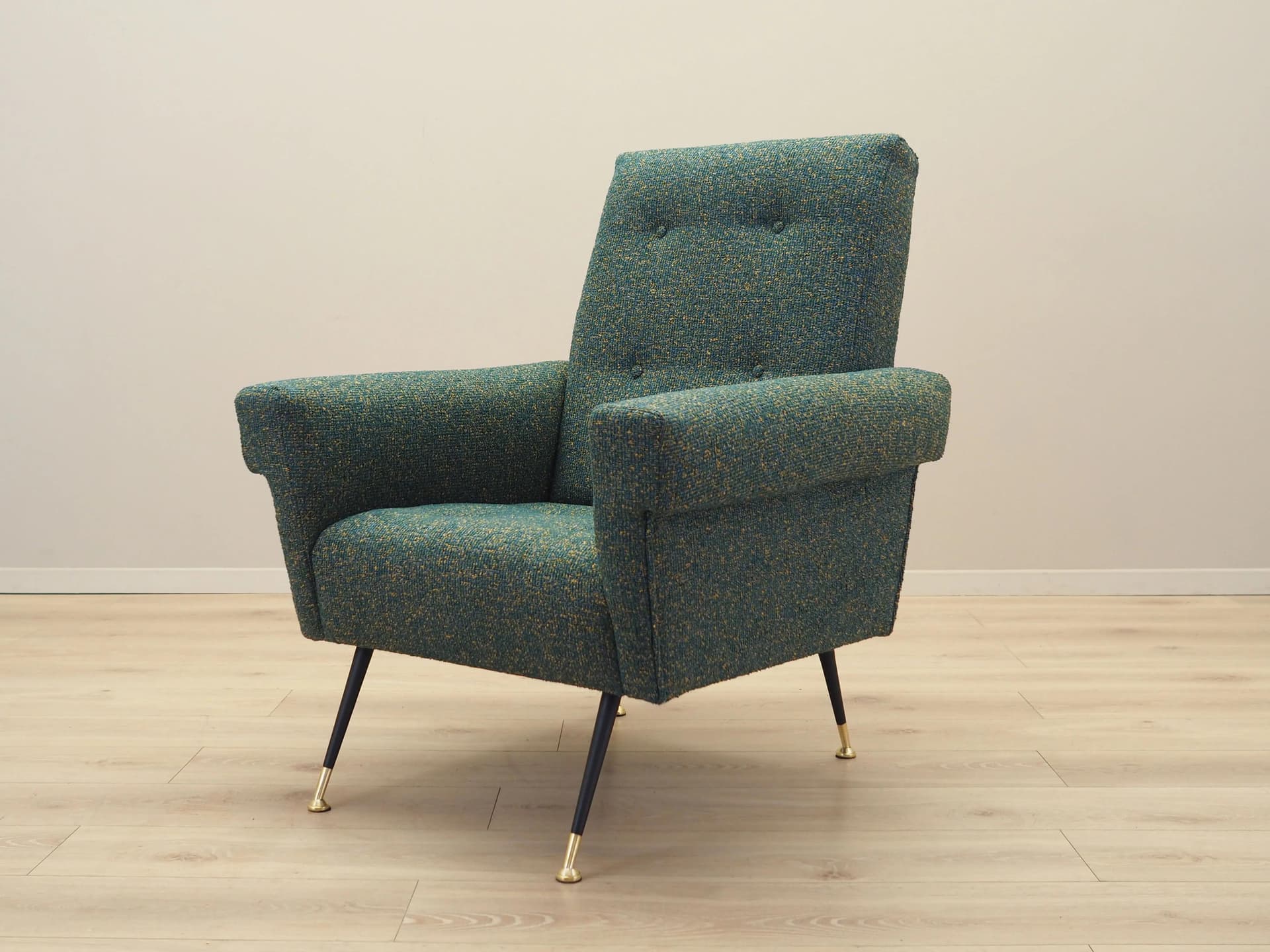Lounge armchair, green melange, fabric, black metal, Italy, 1970s. - 23022