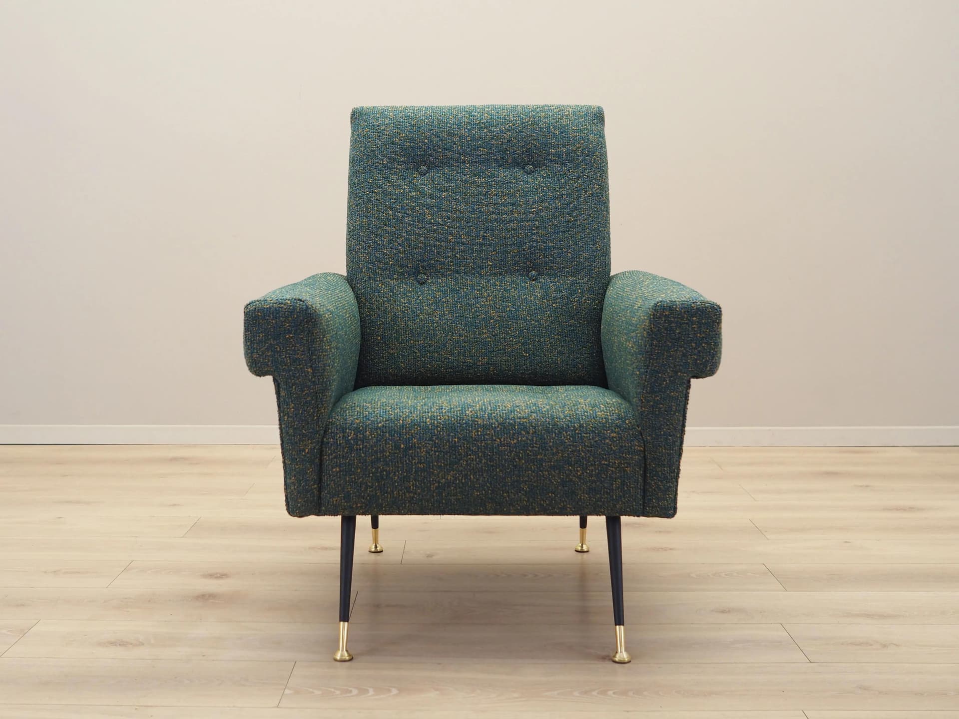 Lounge armchair, green melange, fabric, black metal, Italy, 1970s. - 23021