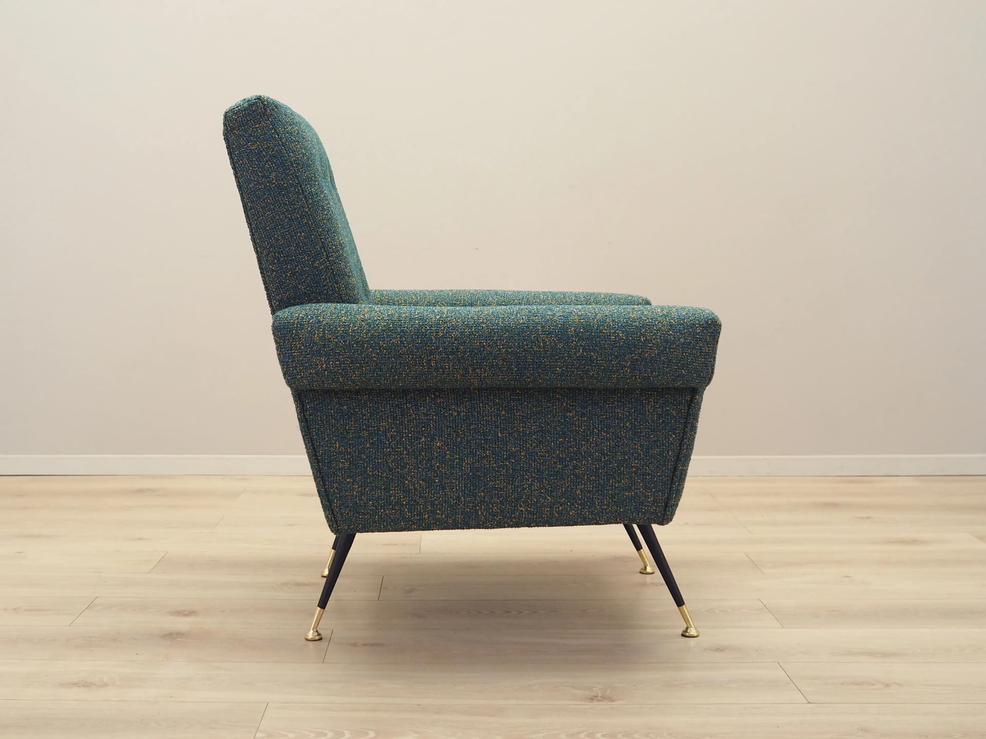 Lounge armchair, green melange, fabric, black metal, Italy, 1970s. - 23027