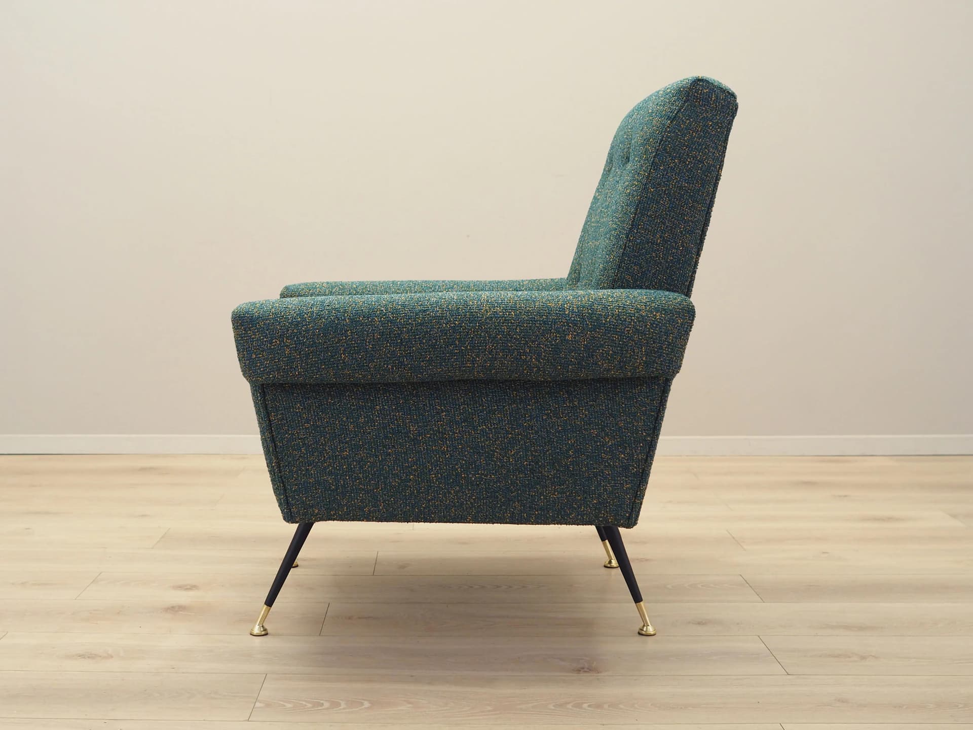 Lounge armchair, green melange, fabric, black metal, Italy, 1970s. - 23023