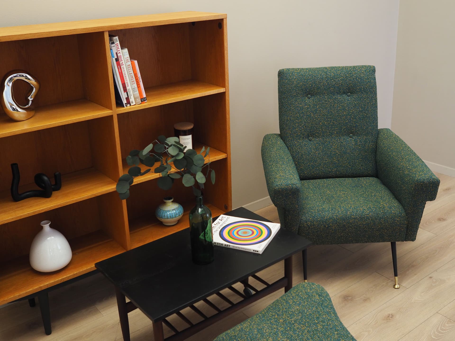 Lounge armchair, green melange, fabric, black metal, Italy, 1970s. - 77958