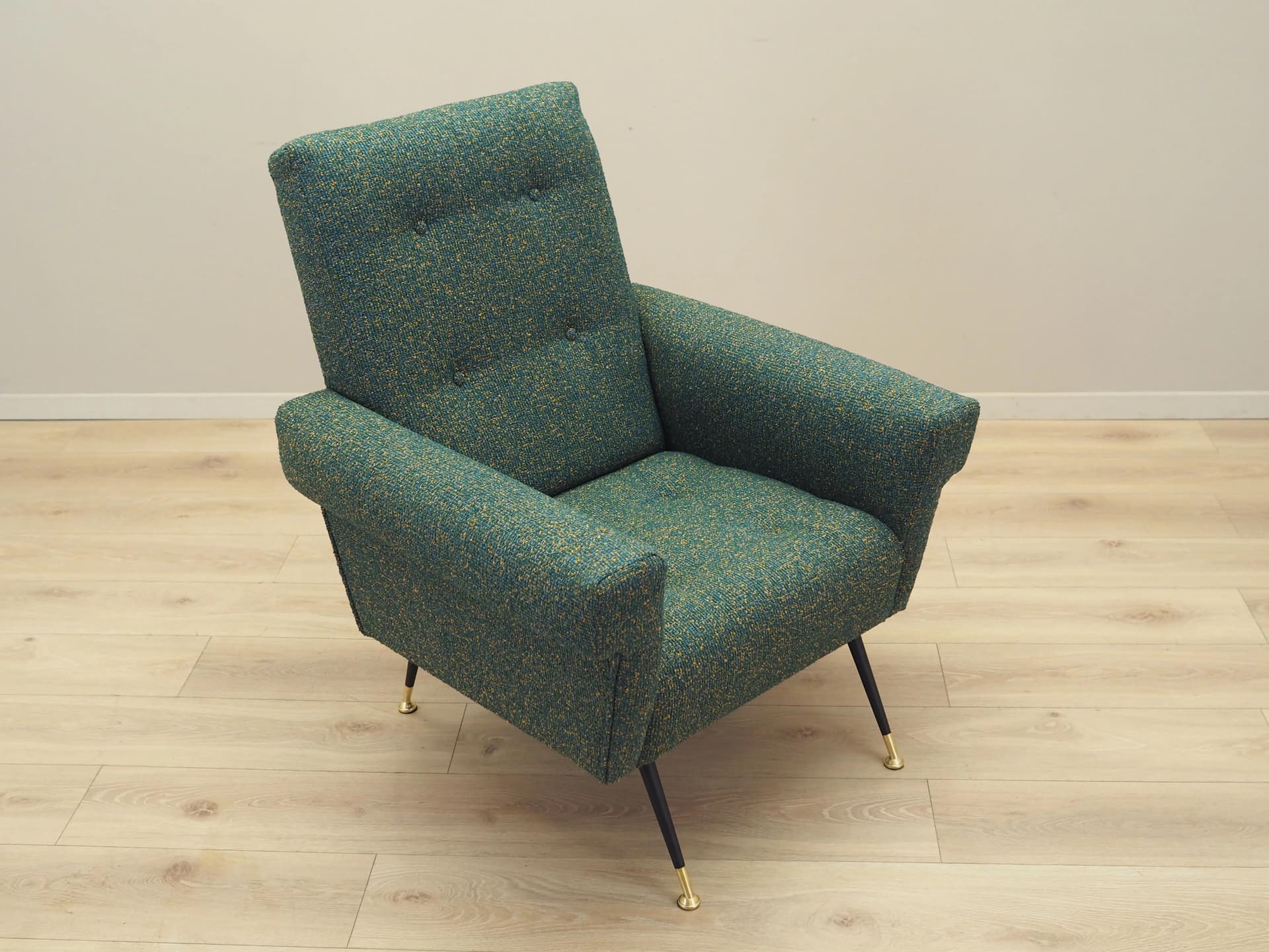 Lounge armchair, green melange, fabric, black metal, Italy, 1970s. - 23028