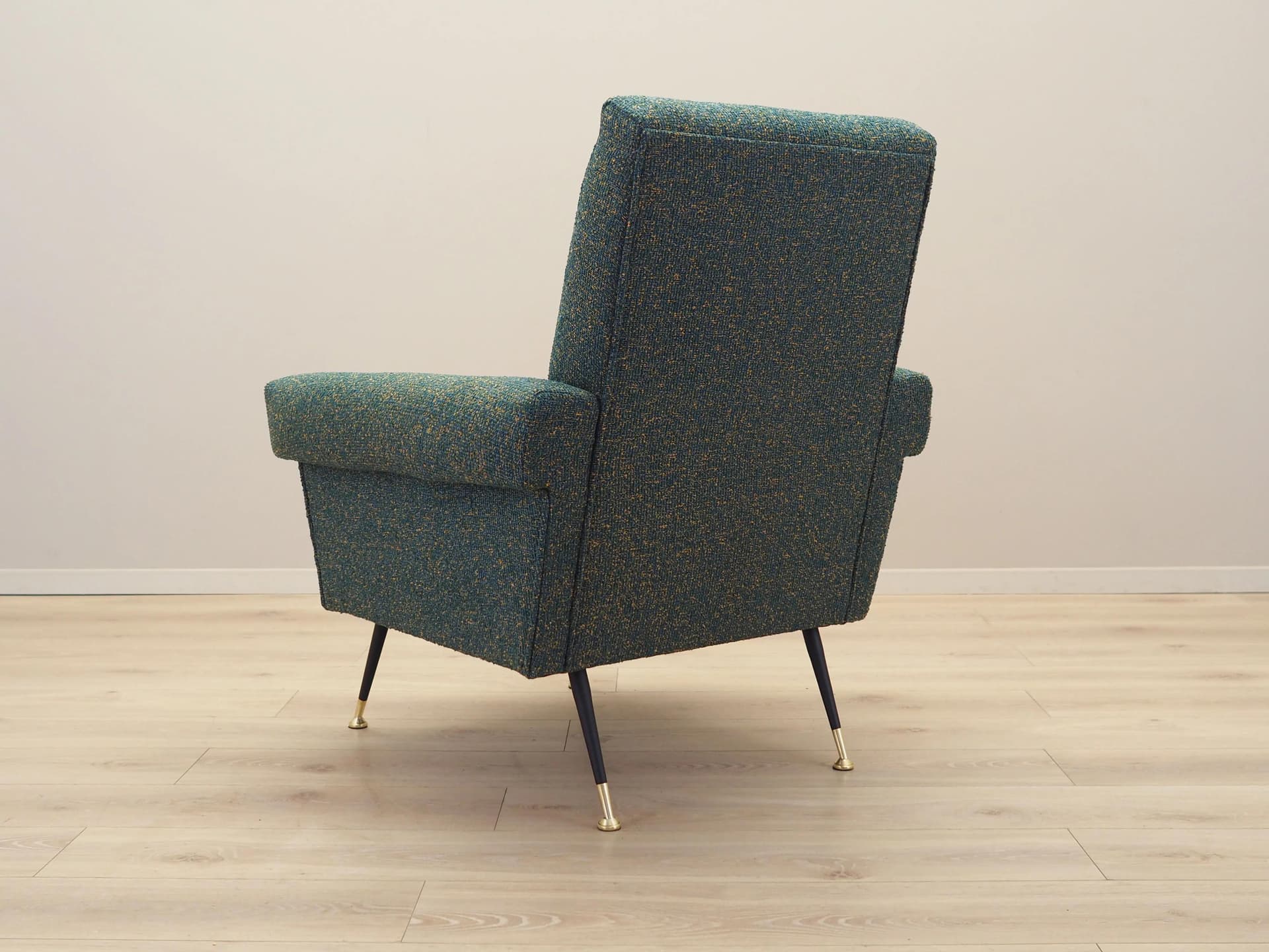 Lounge armchair, green melange, fabric, black metal, Italy, 1970s. - 23024