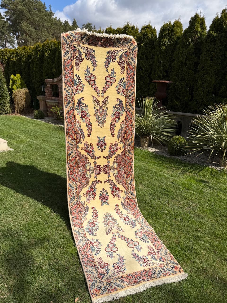 Runner Qom, 315x87 cm, cream cashmere wool, Iran - 309652
