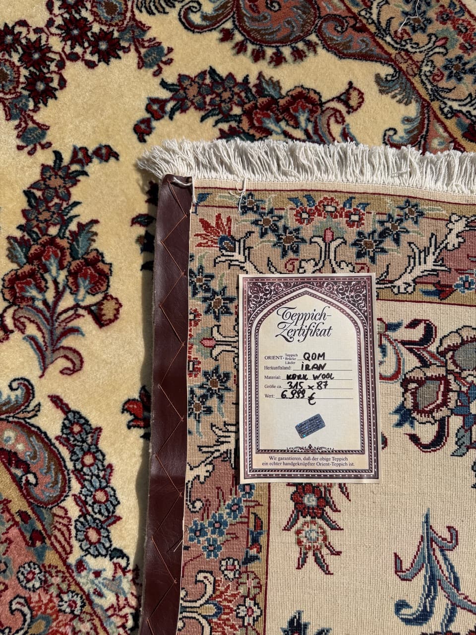 Runner Qom, 315x87 cm, cream cashmere wool, Iran - 309649