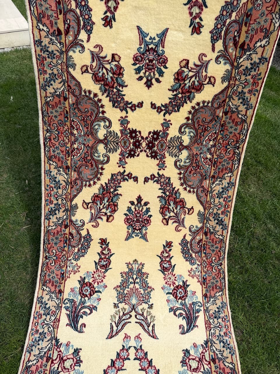 Runner Qom, 315x87 cm, cream cashmere wool, Iran - 309645