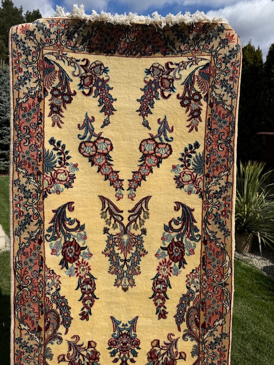 Runner Qom, 315x87 cm, cream cashmere wool, Iran - 309647