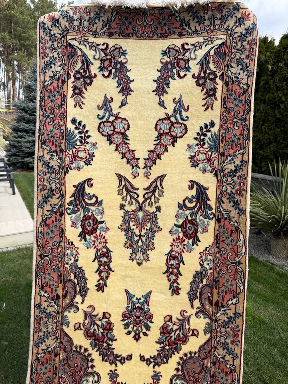 Runner Qom, 315x87 cm, cream cashmere wool, Iran - 309644