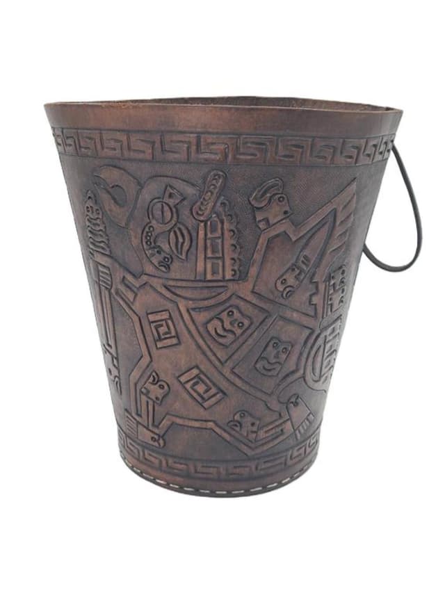 Decorative basket, dark brown leather, black metal, Imprex, Germany, 1970s. - DIMENSION