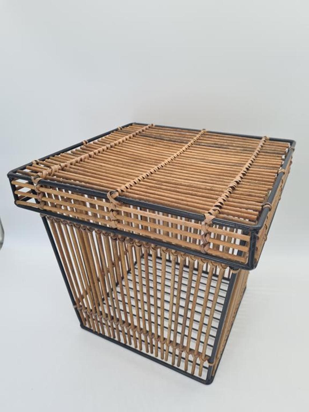 Basket, brown rattan, black metal, Netherlands, 1960s - 309726