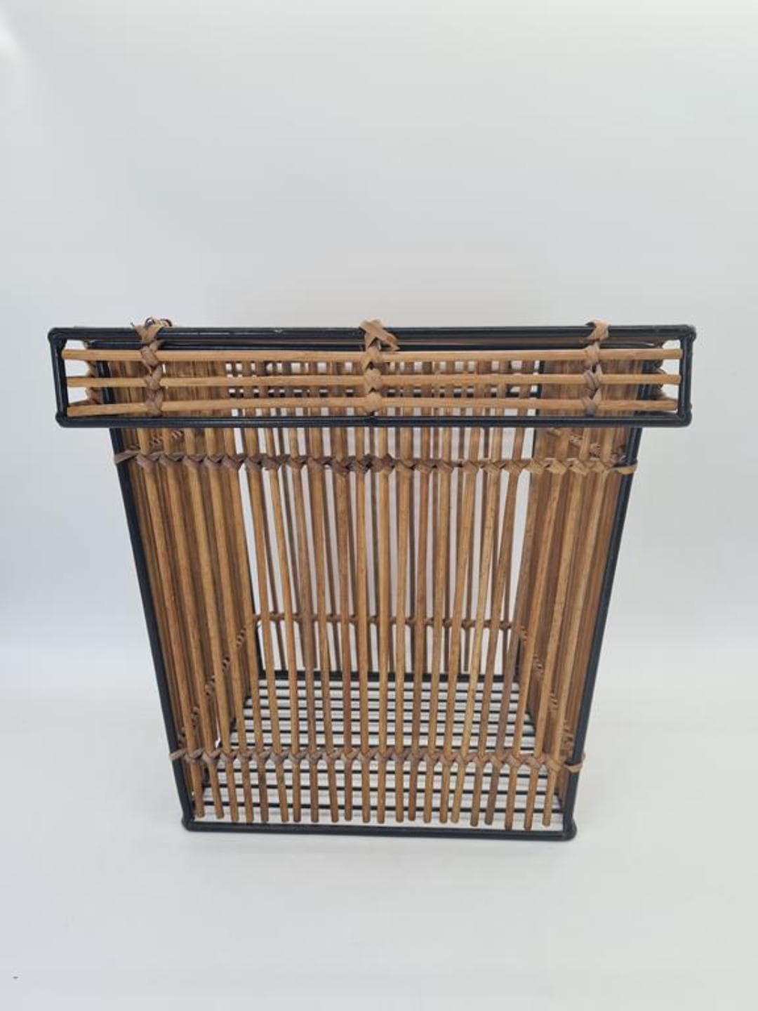 Basket, brown rattan, black metal, Netherlands, 1960s - 309724