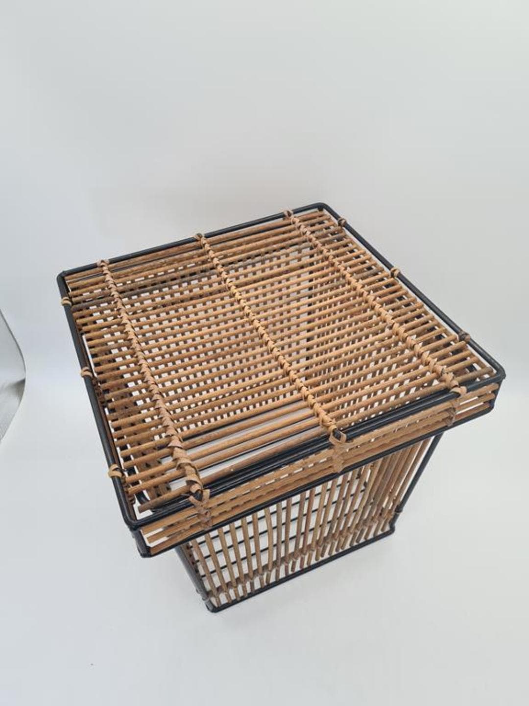 Basket, brown rattan, black metal, Netherlands, 1960s - 309723