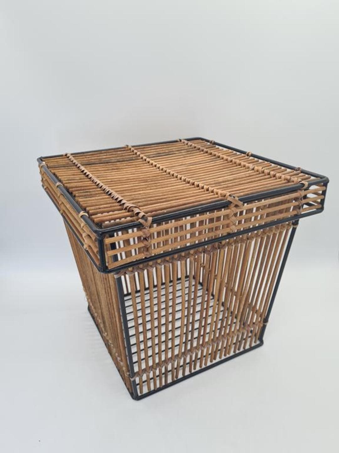 Basket, brown rattan, black metal, Netherlands, 1960s - 309722