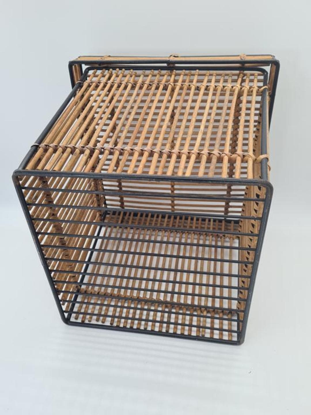 Basket, brown rattan, black metal, Netherlands, 1960s - 309727
