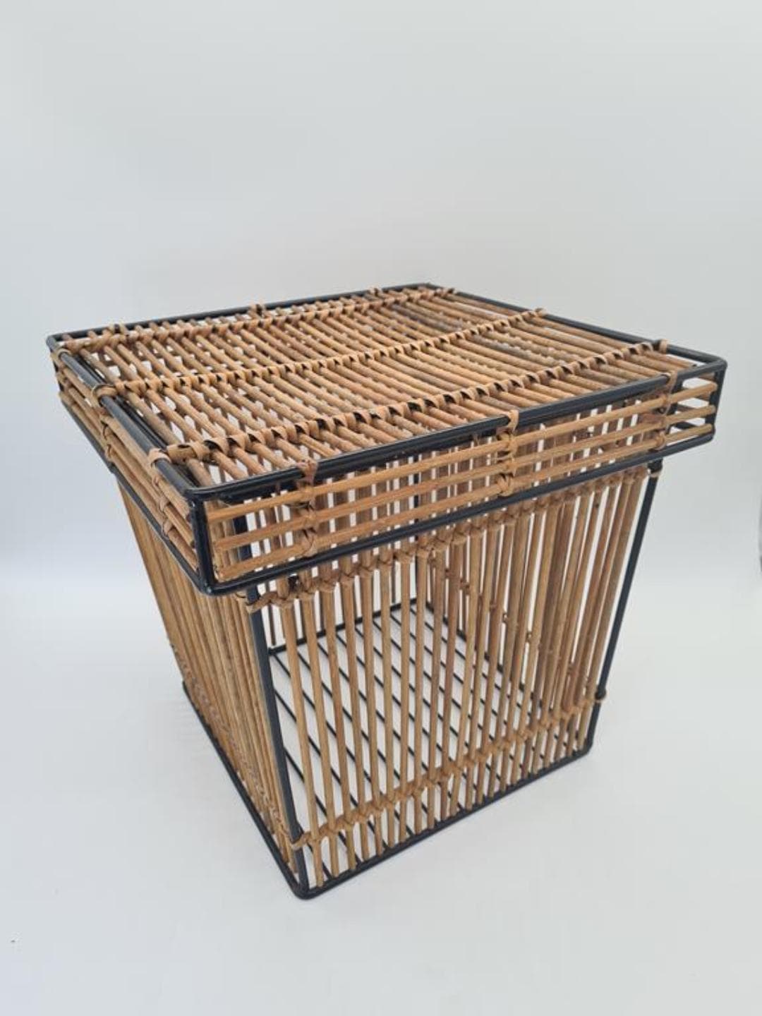 Basket, brown rattan, black metal, Netherlands, 1960s - 309725