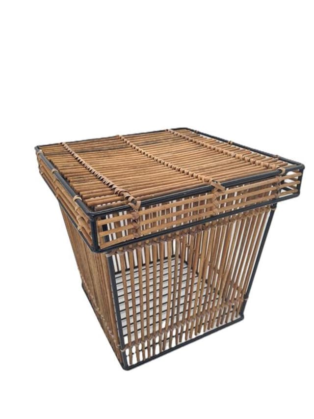 Basket, brown rattan, black metal, Netherlands, 1960s - DIMENSION
