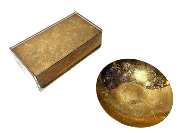Set of jewelry box and bowl S-Collection, gold metal, transparent acrylic, by S. Kupetz, WMF, Germany, 1970s. - DIMENSION