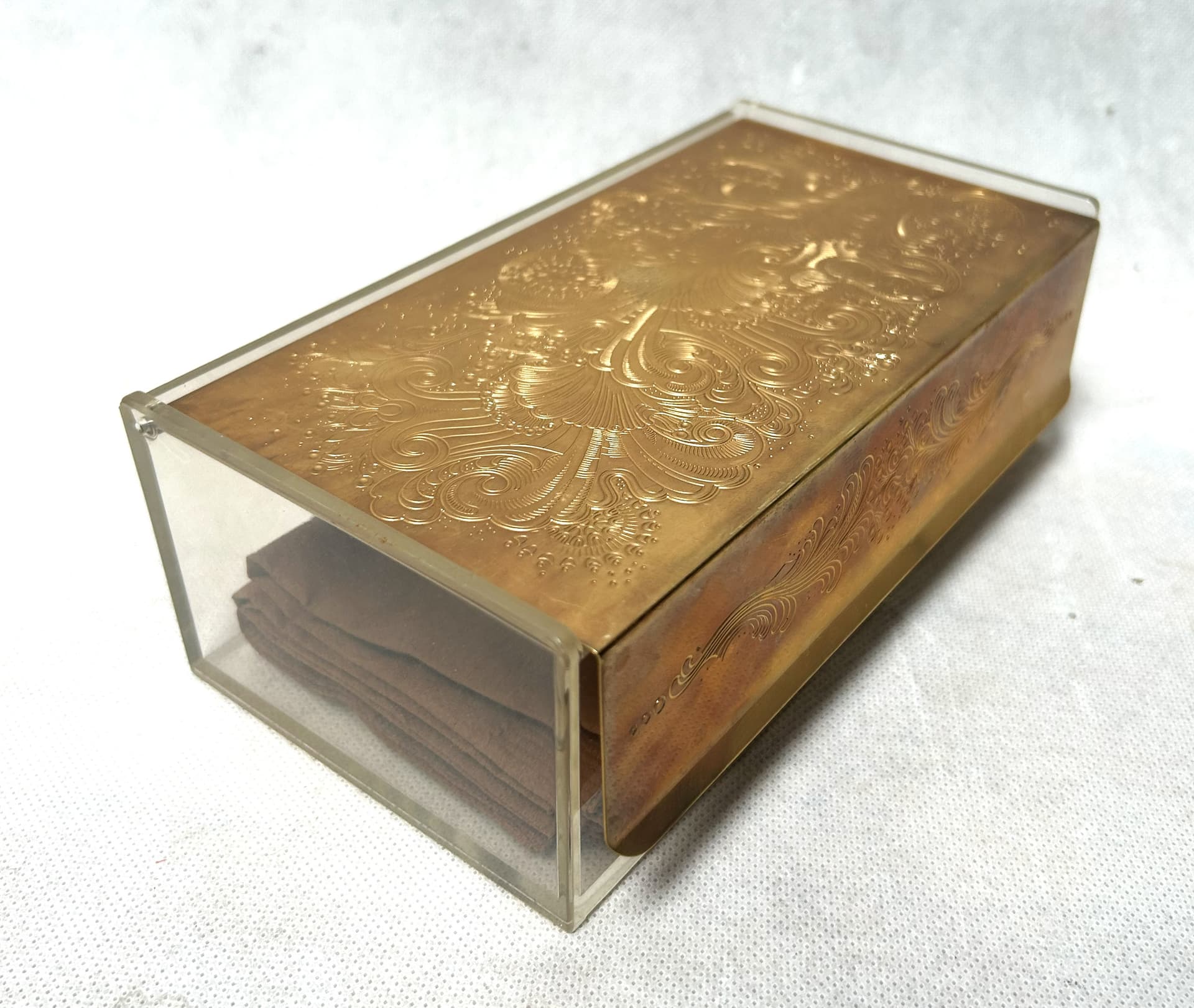 Set of jewelry box and bowl S-Collection, gold metal, transparent acrylic, by S. Kupetz, WMF, Germany, 1970s. - 310613