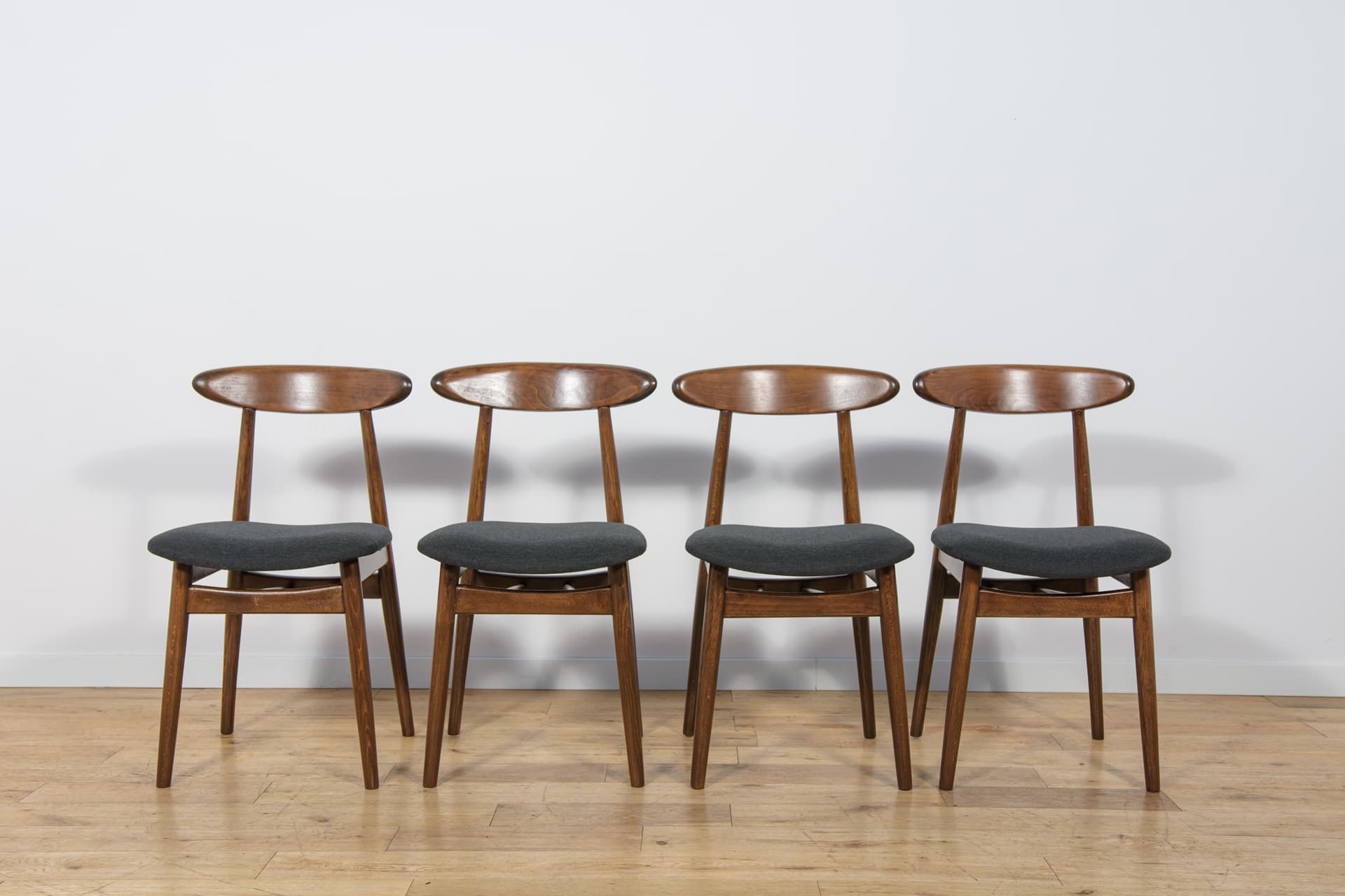 Set of four chairs 5912, brown beech, dark grey fabric, Zamojskie Fabryki Mebli, Poland, 1960s. - 312873