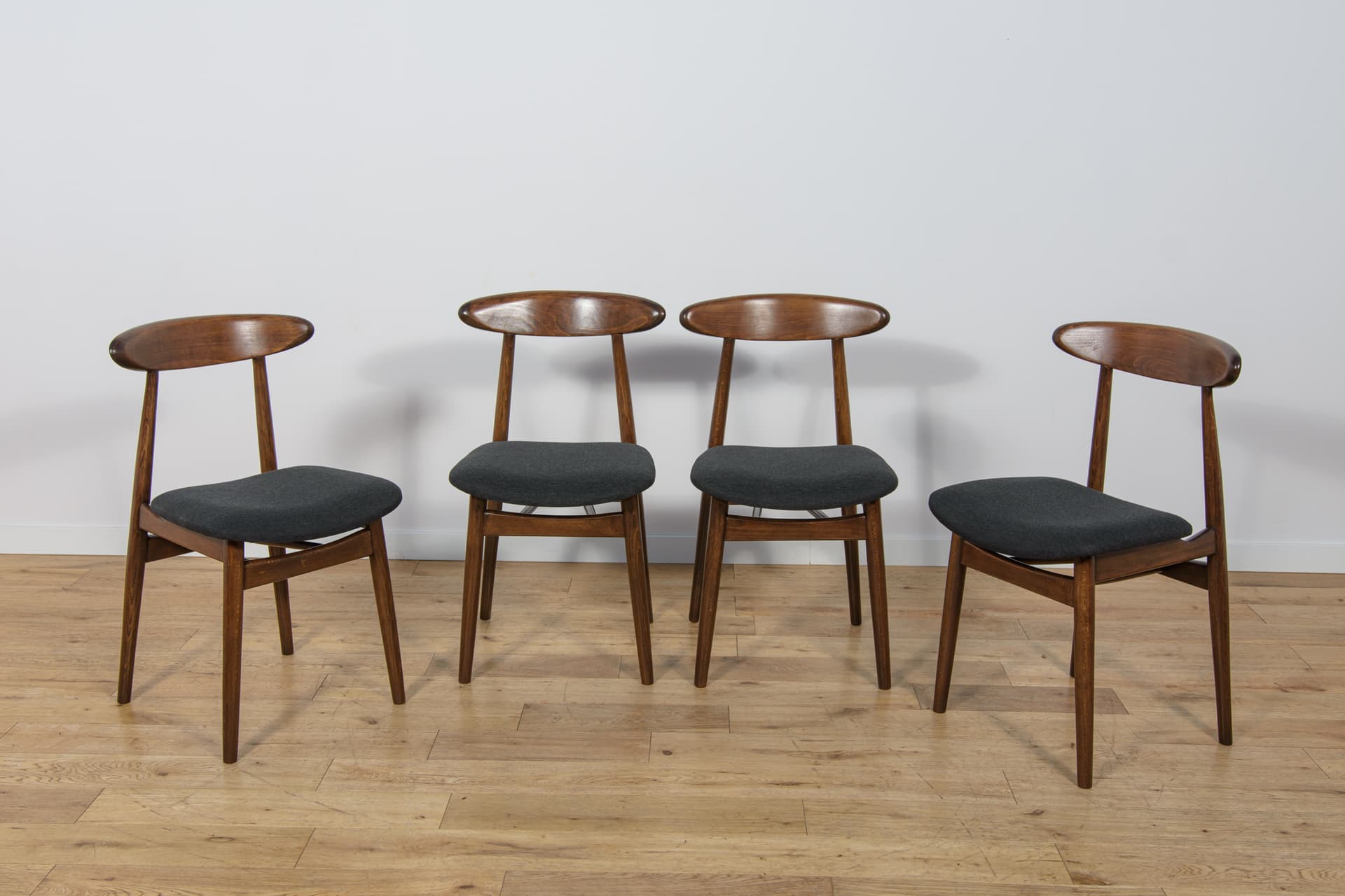 Set of four chairs 5912, brown beech, dark grey fabric, Zamojskie Fabryki Mebli, Poland, 1960s. - 312872