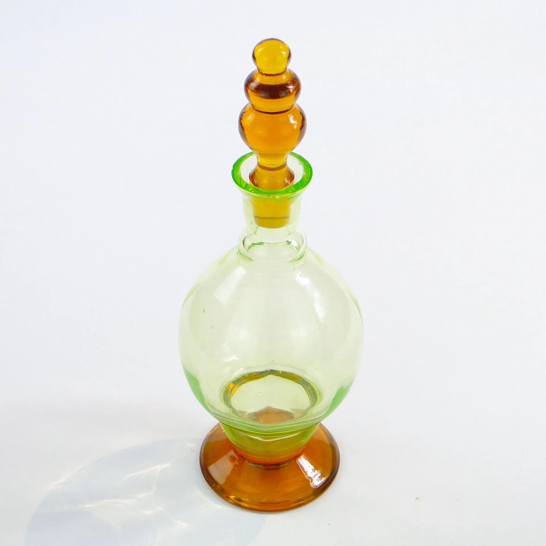 Karafka Art Deco, szkło uranowe jasnozielone, szkło pomarańczowe, Zawiercie, Polska, lata 30. - 23298