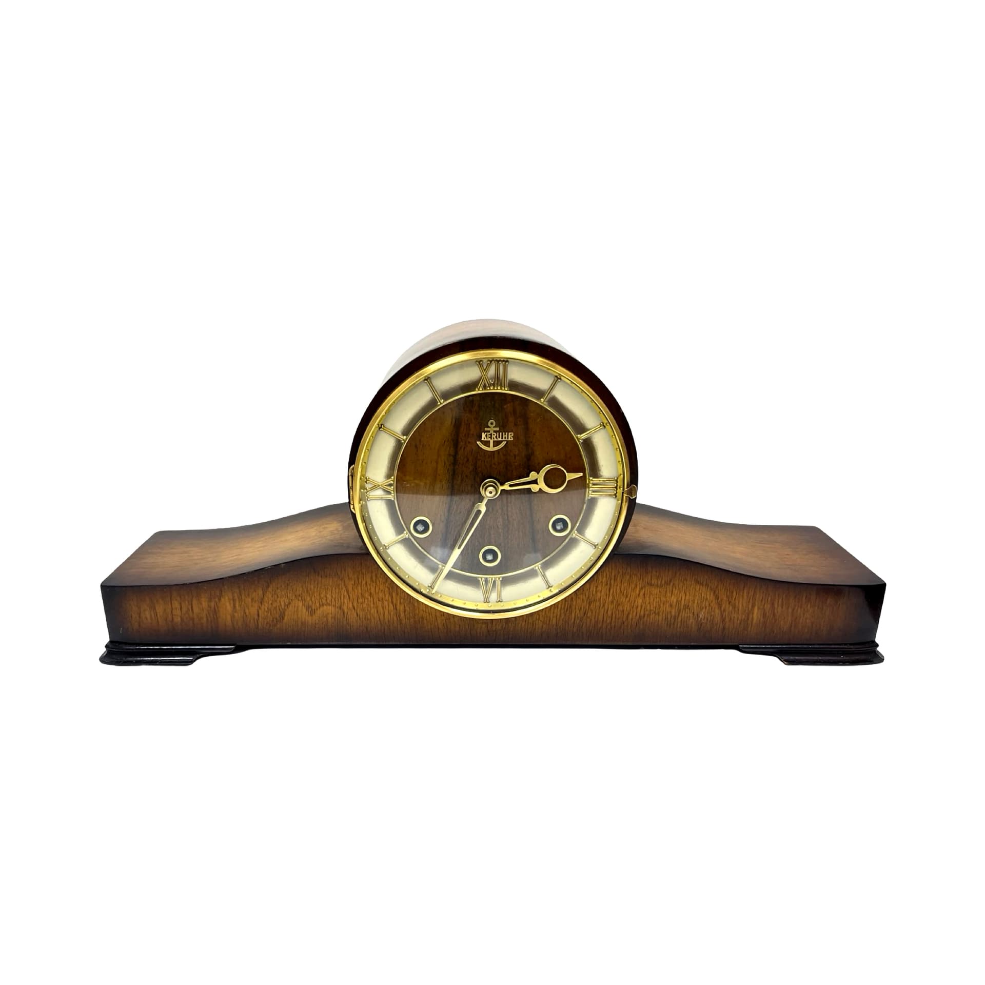 Mantel clock, brown, wood brass glass, Germany, 1950s - 313012