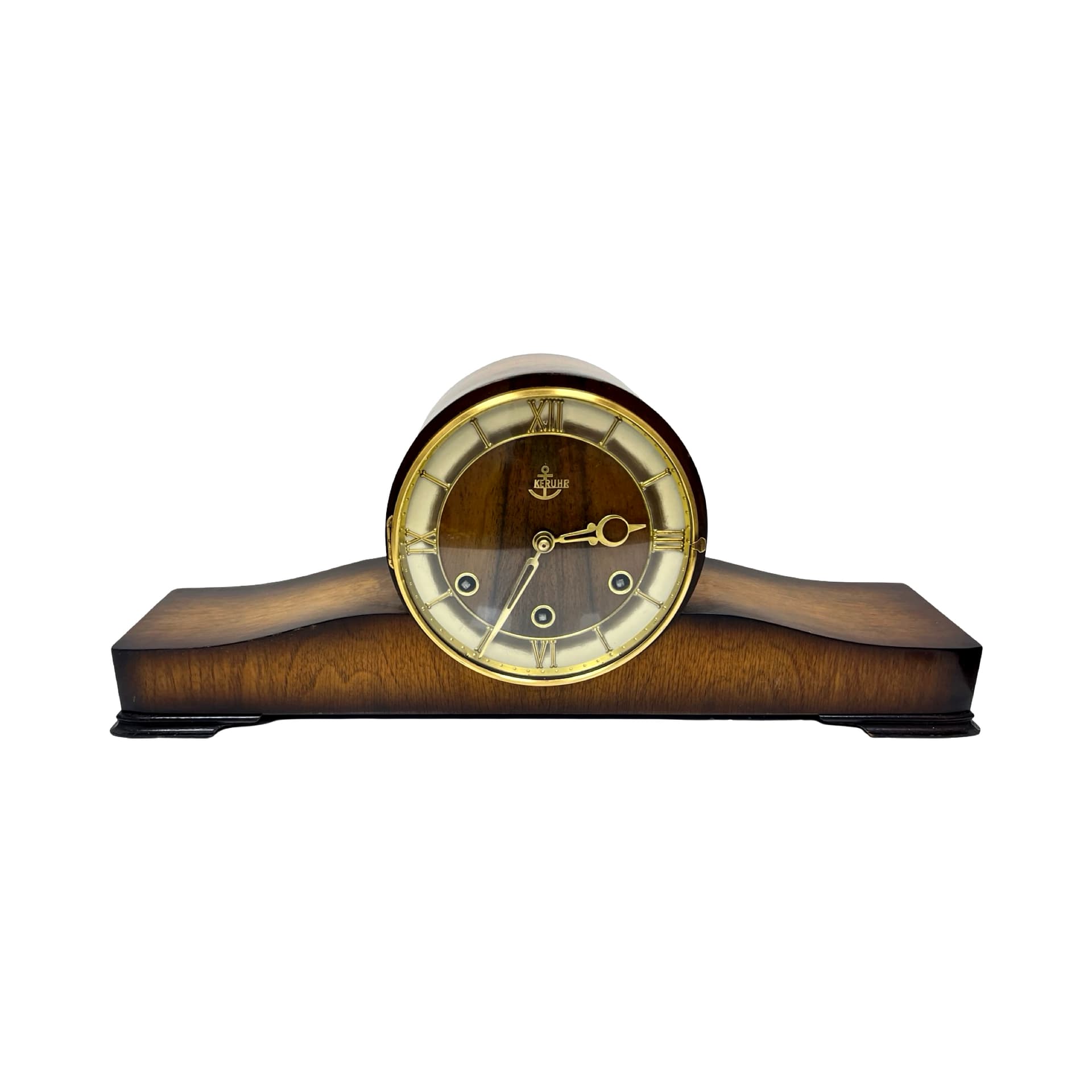 Mantel clock, brown, wood brass glass, Germany, 1950s
