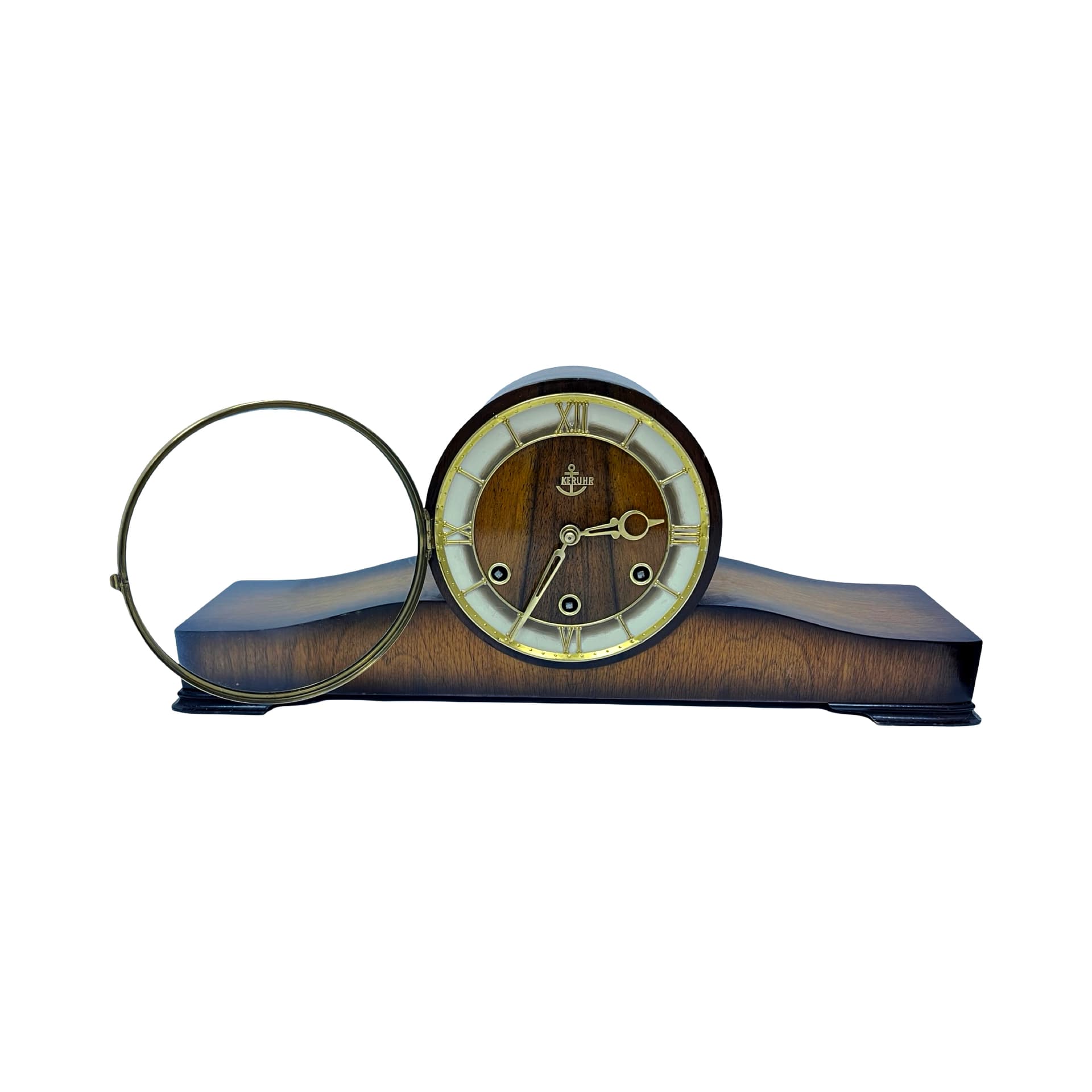 Mantel clock, brown, wood brass glass, Germany, 1950s - 313021