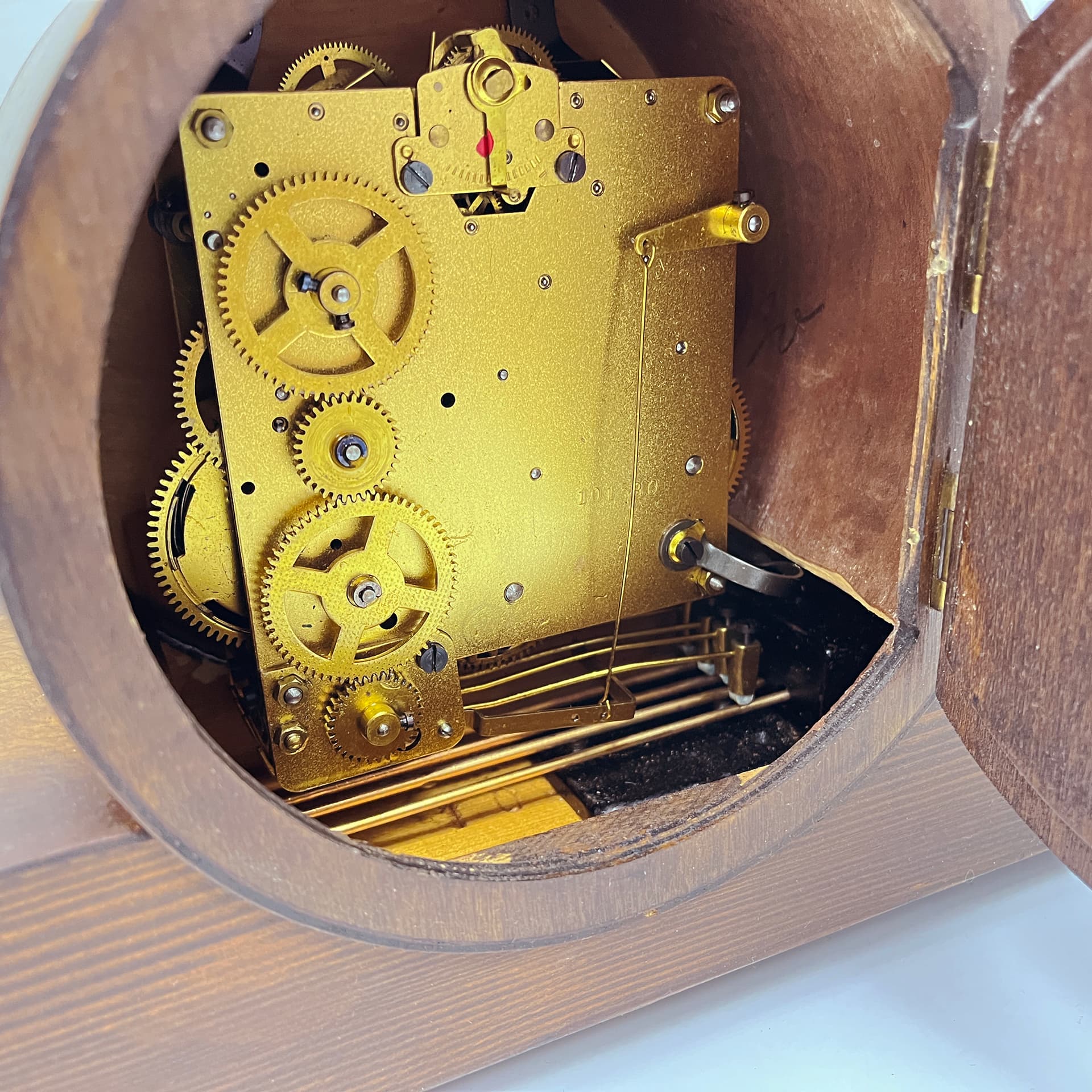 Mantel clock, brown, wood brass glass, Germany, 1950s - 313025