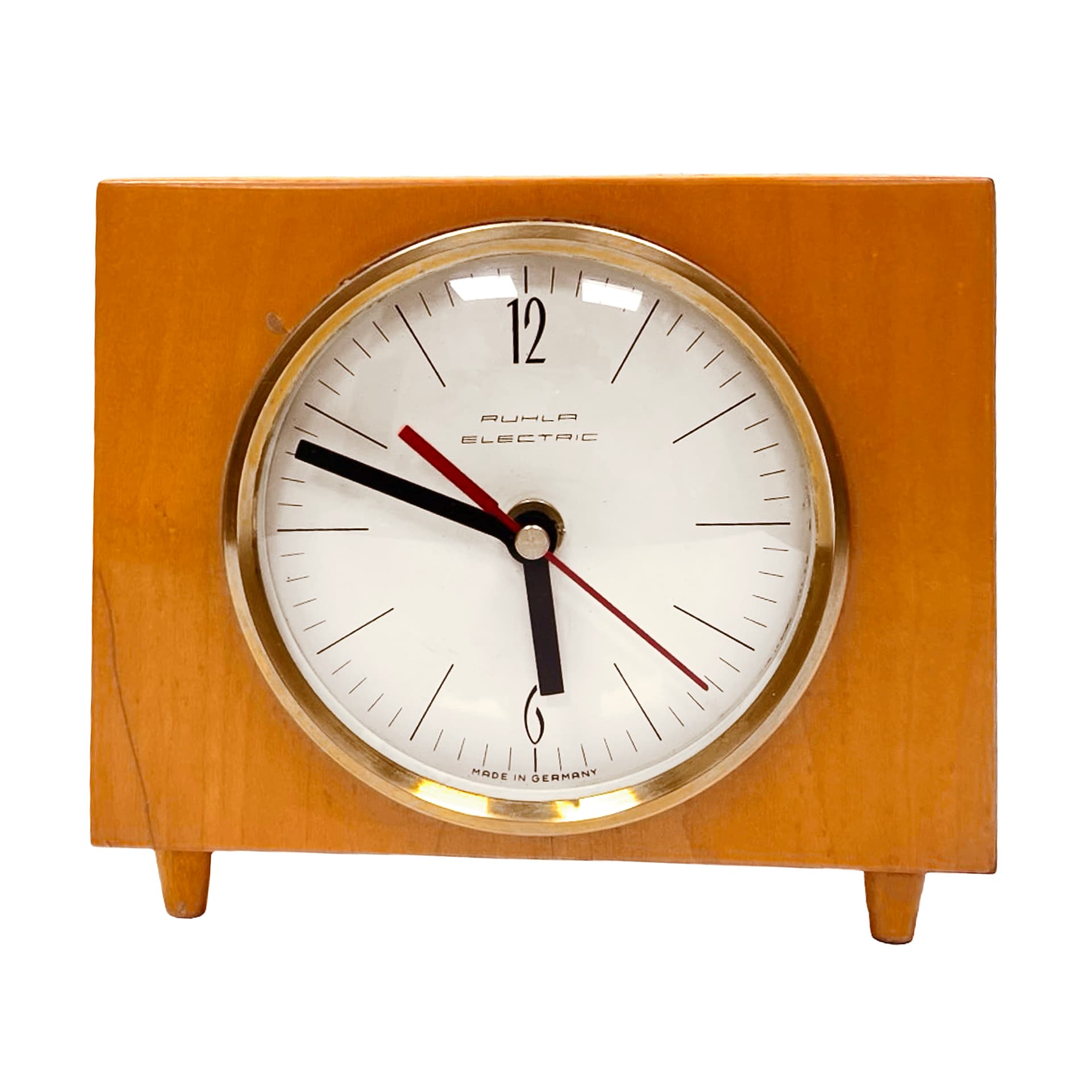 Mantel clock, brown, wood brass glass, Germany, 1970s.