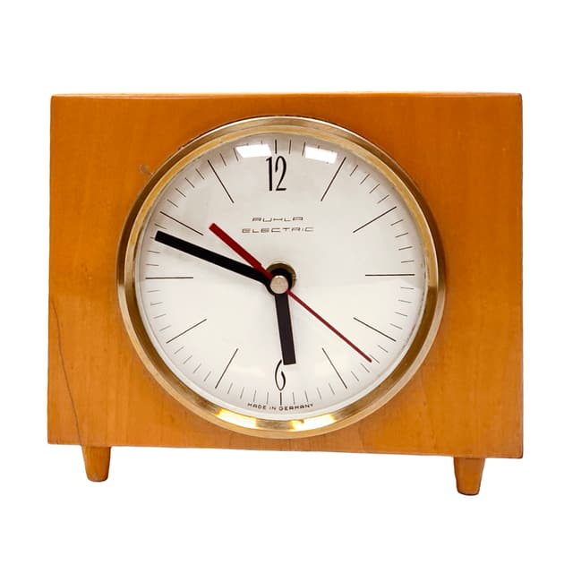 Mantel clock, brown, wood brass glass, Germany, 1970s. - DIMENSION