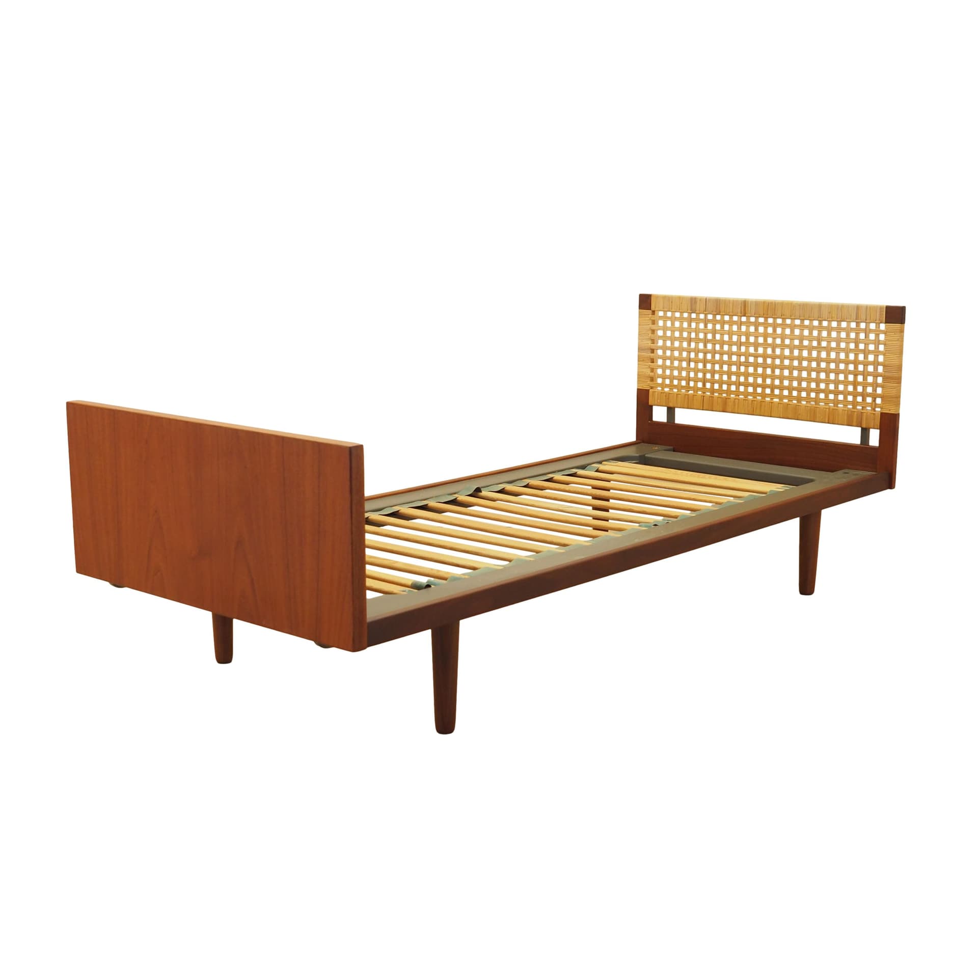Bed, brown teak, beige rattan, by H. Wegner, Getama, Denmark, 1960s.