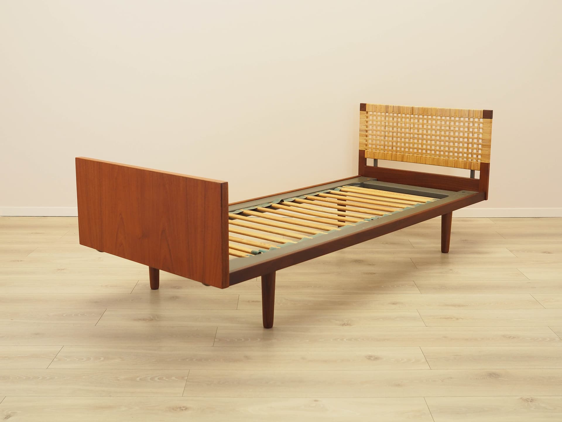 Bed, brown teak, beige rattan, by H. Wegner, Getama, Denmark, 1960s. - 313119