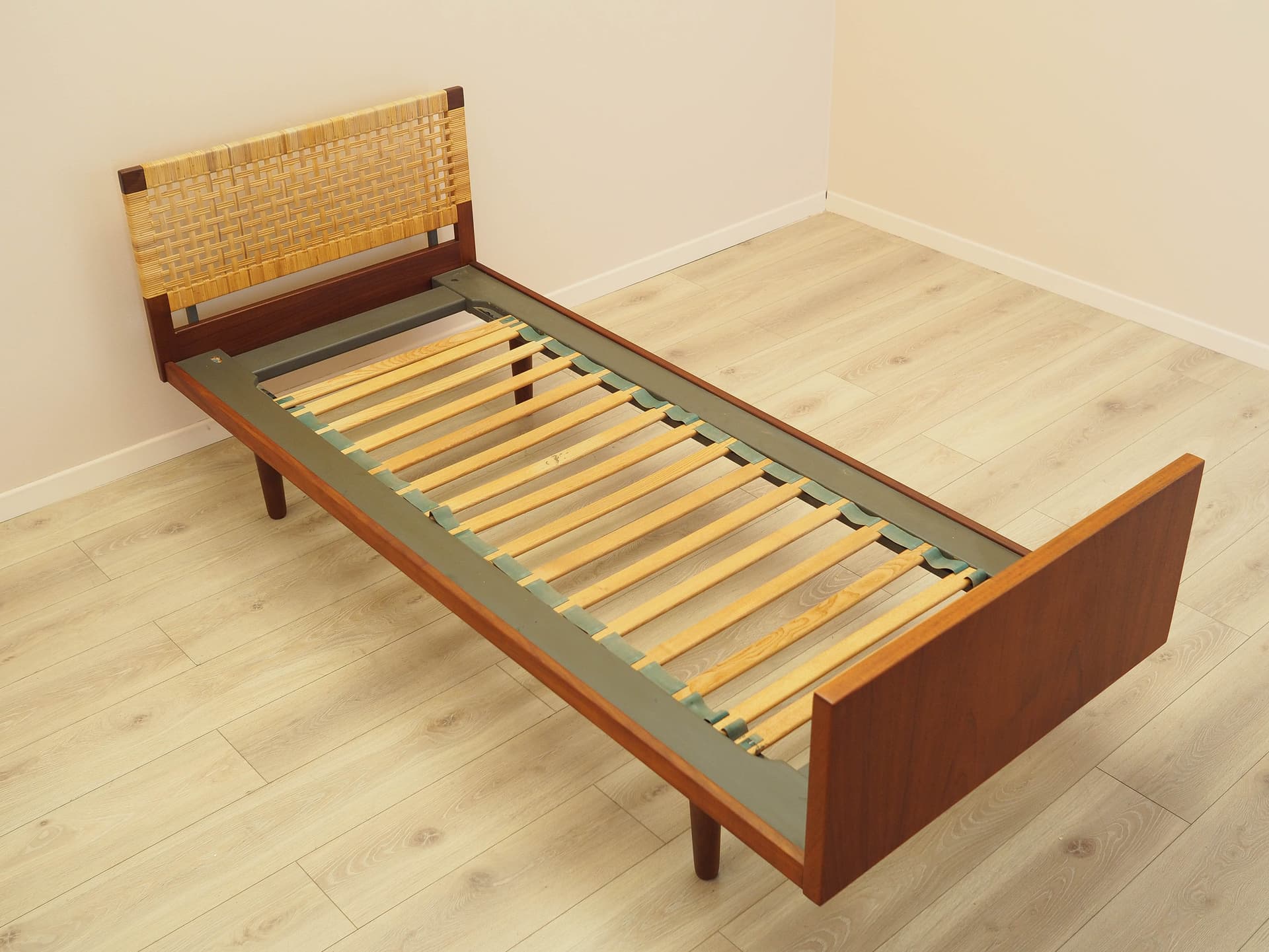 Bed, brown teak, beige rattan, by H. Wegner, Getama, Denmark, 1960s. - 313121