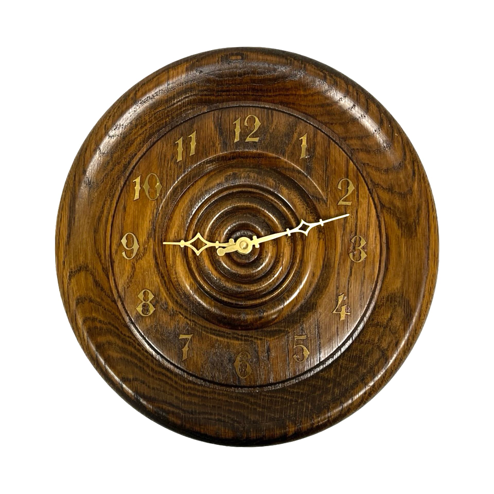 Wall clock, brown oak, brass, Germany, 1980s.
