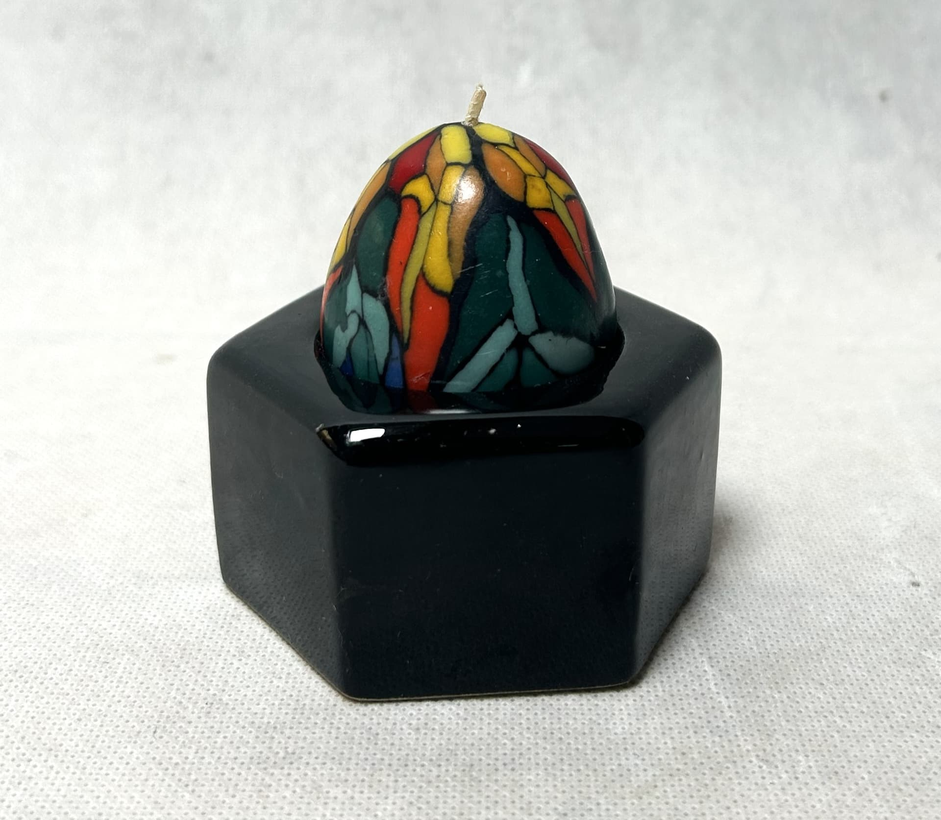 Stained Glass Candle, Multicolor Mosaic, Hexagonal Black Holder, Art Deco - 313257