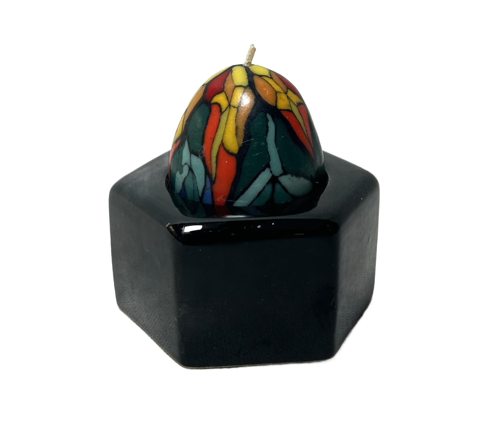 Stained Glass Candle, Multicolor Mosaic, Hexagonal Black Holder, Art Deco