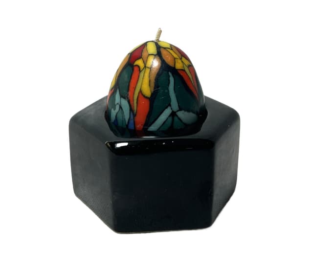 Stained Glass Candle, Multicolor Mosaic, Hexagonal Black Holder, Art Deco - DIMENSION
