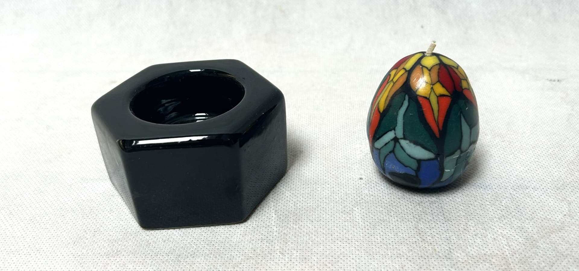 Stained Glass Candle, Multicolor Mosaic, Hexagonal Black Holder, Art Deco - 313258