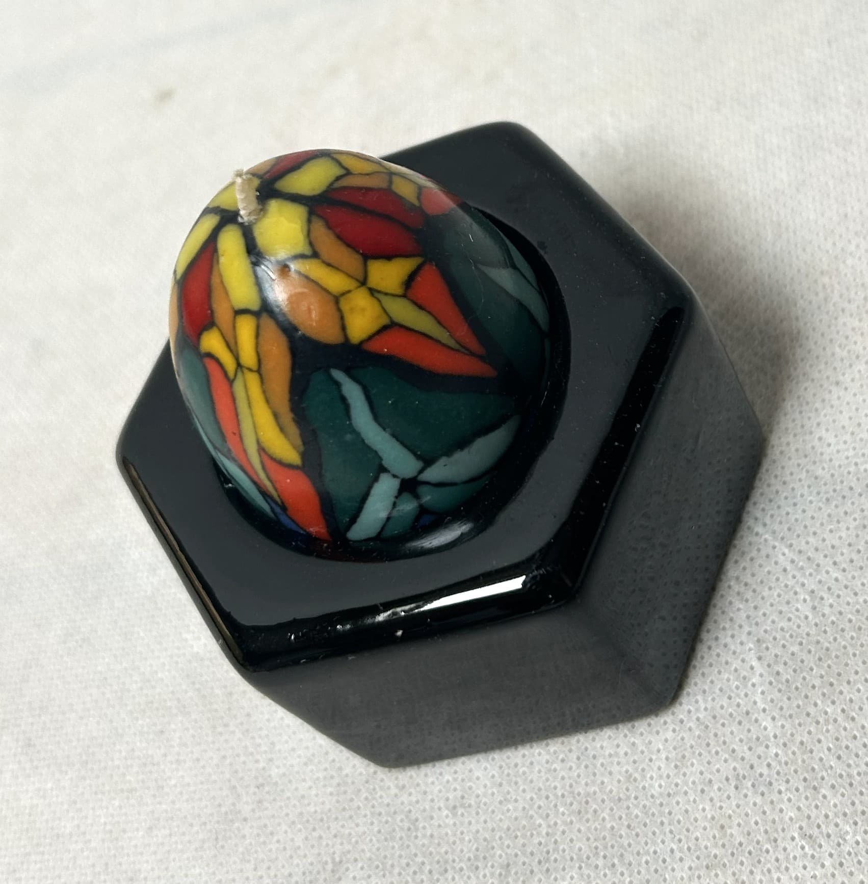 Stained Glass Candle, Multicolor Mosaic, Hexagonal Black Holder, Art Deco - 313256
