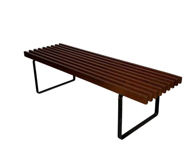 Ławka mid-century modern, teak brązowy, metal czarny, lata 60.