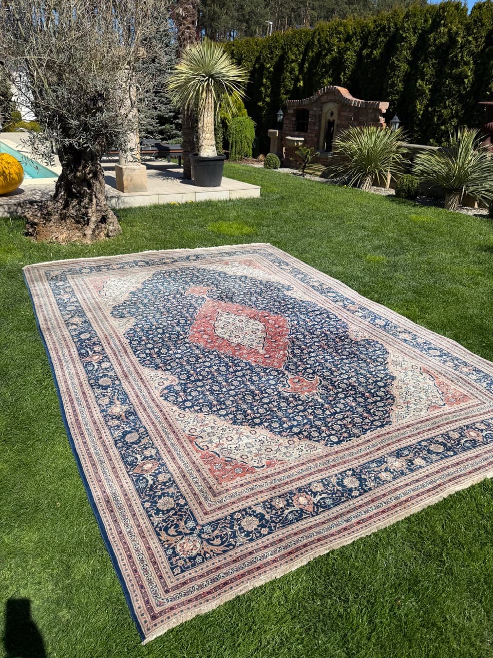 Persian Rug Isfahan 360x260 cm, blue red, wool silk, Iran - 313828